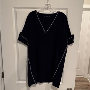 Navy V-Neck Dress with White Trim